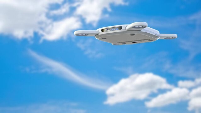 Drone white color flying close-up flying in the sky. Animation. 3D Render.