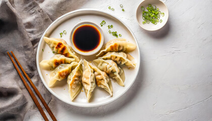 gyoza or dumplings snack with soy sauce. top view of Gyoza with soy sauce, aisan cuisine, korean food, japanese food, copy space