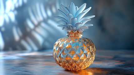 A transparent, glass-like pineapple, illuminated by vibrant, colorful LED lights