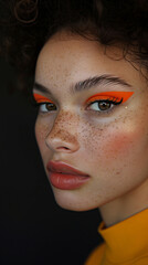 A detailed portrait of contemporary beauty, this image showcases a woman's delicate features enhanced by the boldness of matte orange eyeshadow and the natural pattern of her freckles.