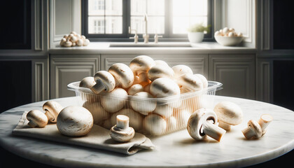 Raw white mushrooms in a clear plastic container, placed on a marble kitchen table.