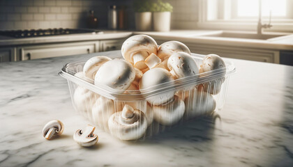 Raw white mushrooms in a plastic container on a marble kitchen table. - Powered by Adobe