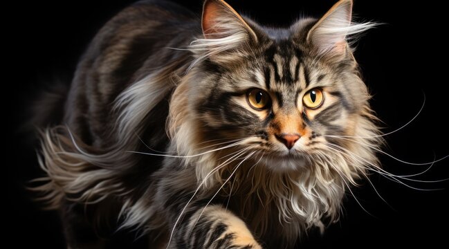 Long-Haired Cat Running on Black Background Generative AI