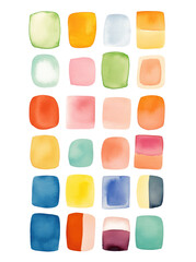 A painting featuring various colored squares arranged on a white background. This abstract artwork creates a vibrant and dynamic visual composition.
