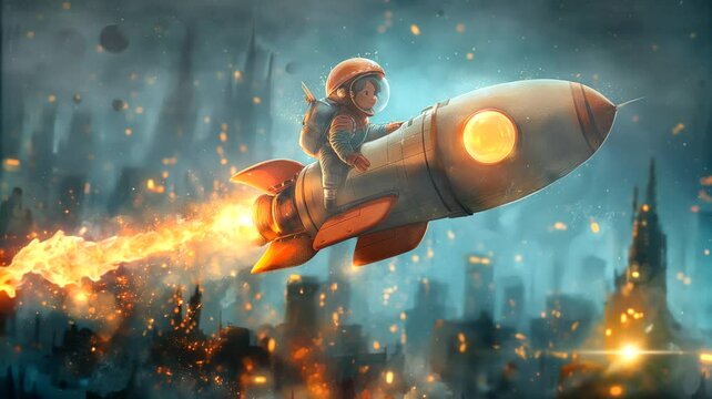 Little girl astronaut on spaceship. Seamless looping time-lapse 4k video animation background