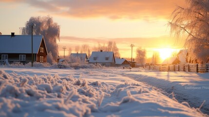 A Sunrise on a winter morning, rural northern village with snow, warm morning lights. - obrazy, fototapety, plakaty