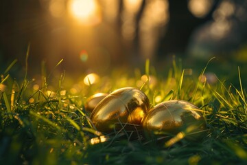 Golden Eggs Nestled in Spring Grass, Easter Art, Nest Egg Art, Holiday and Financial Concept. Generative AI.
