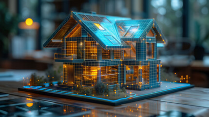 construction of a house, Concept holo 3d render model of a small living house on a table in a real estate agency. signing mortgage contract document and demonstrating. futuristic business, Ai generate