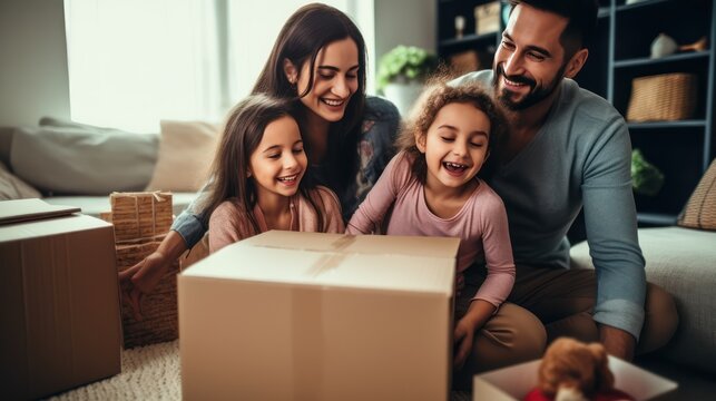 A warm family Happy parents playing with their children In the living room of a new apartment Two cute little daughters sitting in a cardboard box. Mom and Dad laughed and pushed.