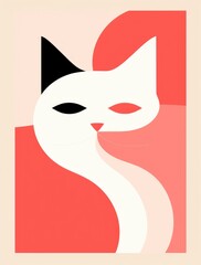 A white cat with a black nose standing elegantly against a vibrant pink background.