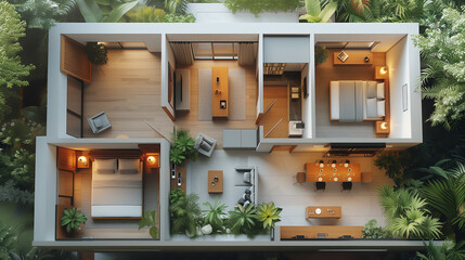 Floor plan of a house top view 3D illustration. Open concept living apartment layout, Ai generated image 