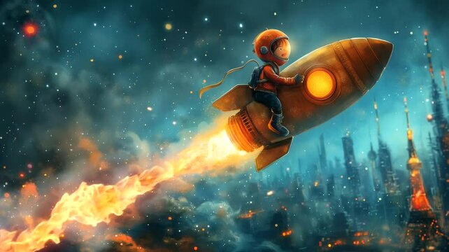 Little astronaut on rocket on futuristic city background. Seamless looping time-lapse 4k video animation background