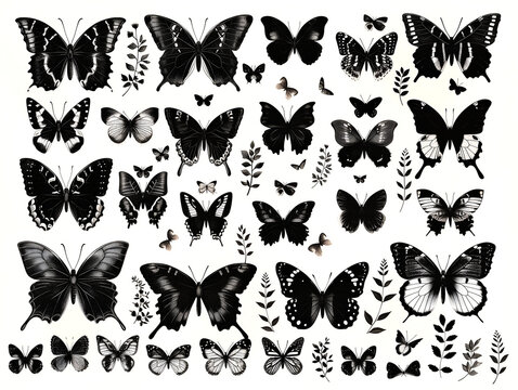 set of butterflies silhouettes on white 
