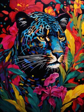 A detailed painting featuring a leopard standing among a vibrant array of flowers in full bloom, showcasing the beauty of wildlife amidst natures bounty.