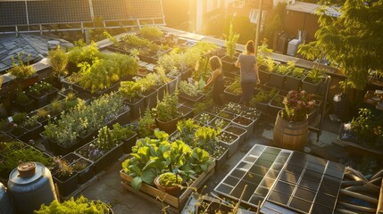 As the sun sets, its golden light illuminates an urban rooftop garden where individuals tend to an assortment of flourishing plants, integrating green living into the city landscape.