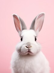 Fototapeta premium A white rabbit with grey ears is sitting in front of a pink background.
