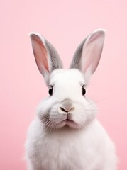 A white rabbit with grey ears is sitting in front of a pink background.