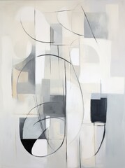 A modern abstract painting featuring striking black and white shapes arranged in a dynamic composition, adding a sense of contrast and movement to any space.