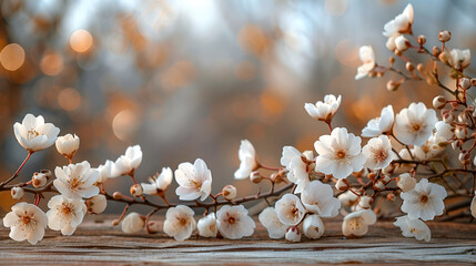 Twilight Glow on Delicate Cherry Blossoms - Ethereal Beauty, Bokeh Background, Wooden Texture, Spring Ambience, Warm and Inviting Tones"