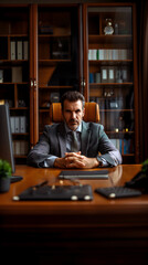 Confident, serious businessman wearing a suit in office looking at camera.