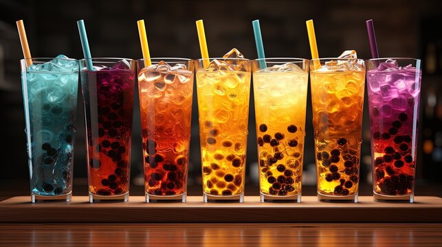 A colorful array of bubble teas with tapioca pearls, 3D rendering, super extra high quality detailed, --ar 16:9 --stylize 750 --v 5.2 Job ID: 4669c22e-57b8-41b6-9f6b-a74215deac1c