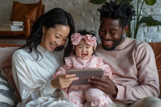 Happy young multi-racial couple sitting on the couch with cute babies playing digital tablets