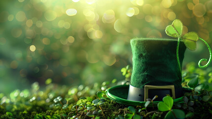 Glittering green top hat with clover leaves, festive St. Patrick's Day theme