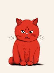 A red cat is calmly seated on top of a white floor, showcasing a striking color-contrast in a minimalistic setting.