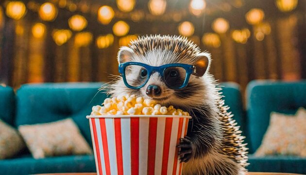 A hedgehog with glasses in the cinema eating popcorn.
