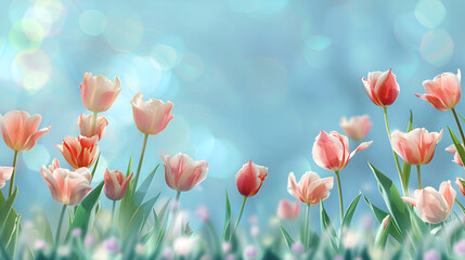 Serenity in Spring: Pastel Pink Tulips Against Soft Blue Bokeh - Floral Elegance, Gentle Spring Breeze, Fresh and Bright Composition