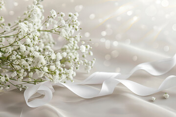 Wedding Banner Mockup with Baby's Breath Flowers and Satin Ribbon - Elegant Invitation Design, Soft Light, Romantic and Delicate Composition"