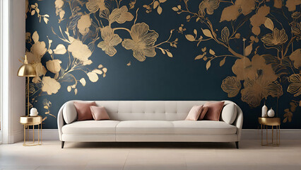 modern living room with sofa background golden flowers of wall