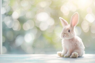 cute funny rabbit on blurred background ,pastel colors,easter