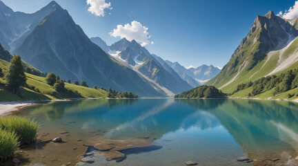 Beautiful view of the lake with a backdrop of mountains, blue sky. Mountains wallpapers