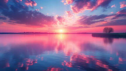 Sunset over the lake, Stunning sunrise over the lake with vibrant colors reflecting in the water in a Zen and calm environment, Ai generated image