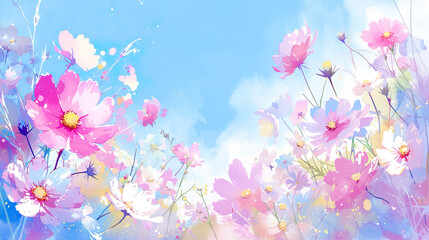 Fototapeta na wymiar 明るい青空の下に咲くコスモスの水彩イラスト風景