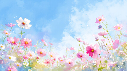 明るい青空の下に咲くコスモスの水彩イラスト風景