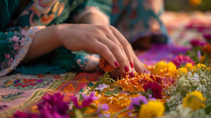 A womans delicate hands carefully arranging intricate patterns of colorful flowers and greenery for a traditional Eid alAdha decoration.
