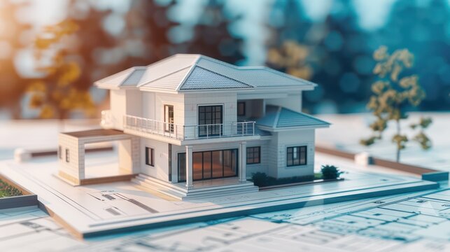 architectural house model atop a blueprint drawing, this banner layout is ideal for building construction plans, real estate sales, or conceptualizing ideas for a bank loans