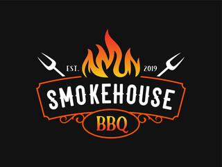 Barbecue smokehouse bbq grill restaurant logo with fork and fire