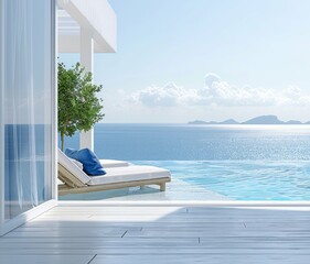 Close-up of a white luxury villa terrace, with white wooden floor, white and blue comfortable chair, and the large open door overlooking at borderless swimming pool and beautiful ocean view...