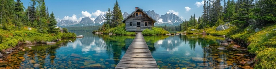 Fototapeta na wymiar Remote Cabin by Alpine Lake with Pier and Mountain Reflection