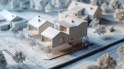 An ideal banner layout featuring an architectural model of houses placed on a blueprint drawing, perfect for construction planning, real estate marketing, or conceptualizing loan proposals for banks.
