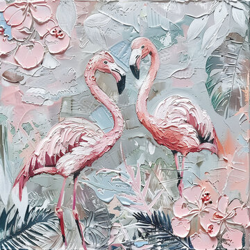 Artistic palette knife paint of two flamingos among blossoms, textured strokes