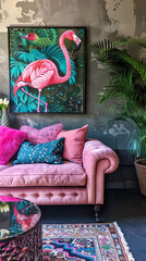 Beautiful Flamingo painting adds a splash of color to a chic interior with a pink sofa and stylish decor