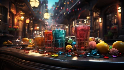 Papier Peint photo Magasin de musique A festive Mardi Gras scene with colorful drinks