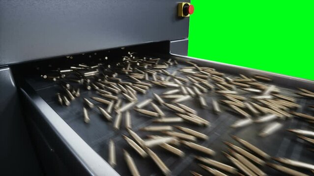 Bullet production, factory. Production line. War concept. 4k green screen isolate