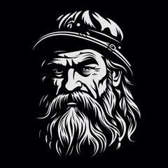 Monochrome Illustration of a Bearded Sailor or Pirate

