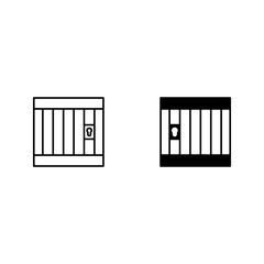 Prison icon. Hands holding prison bars. Silhouette criminal man behind bars color editable