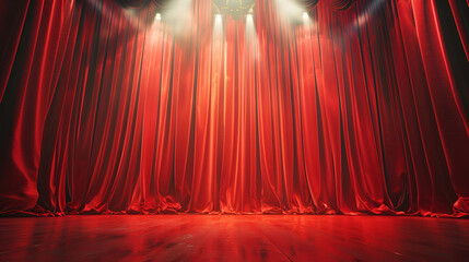 Realistic theater red dramatic curtains with spotlight, generative ai